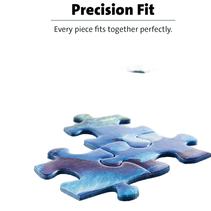 Close-up of four interlocking blue puzzle pieces with clear edges demonstrating precise fit and smooth assembly, highlighting unique handcrafted design in USA made Toys, Books & Games collection.