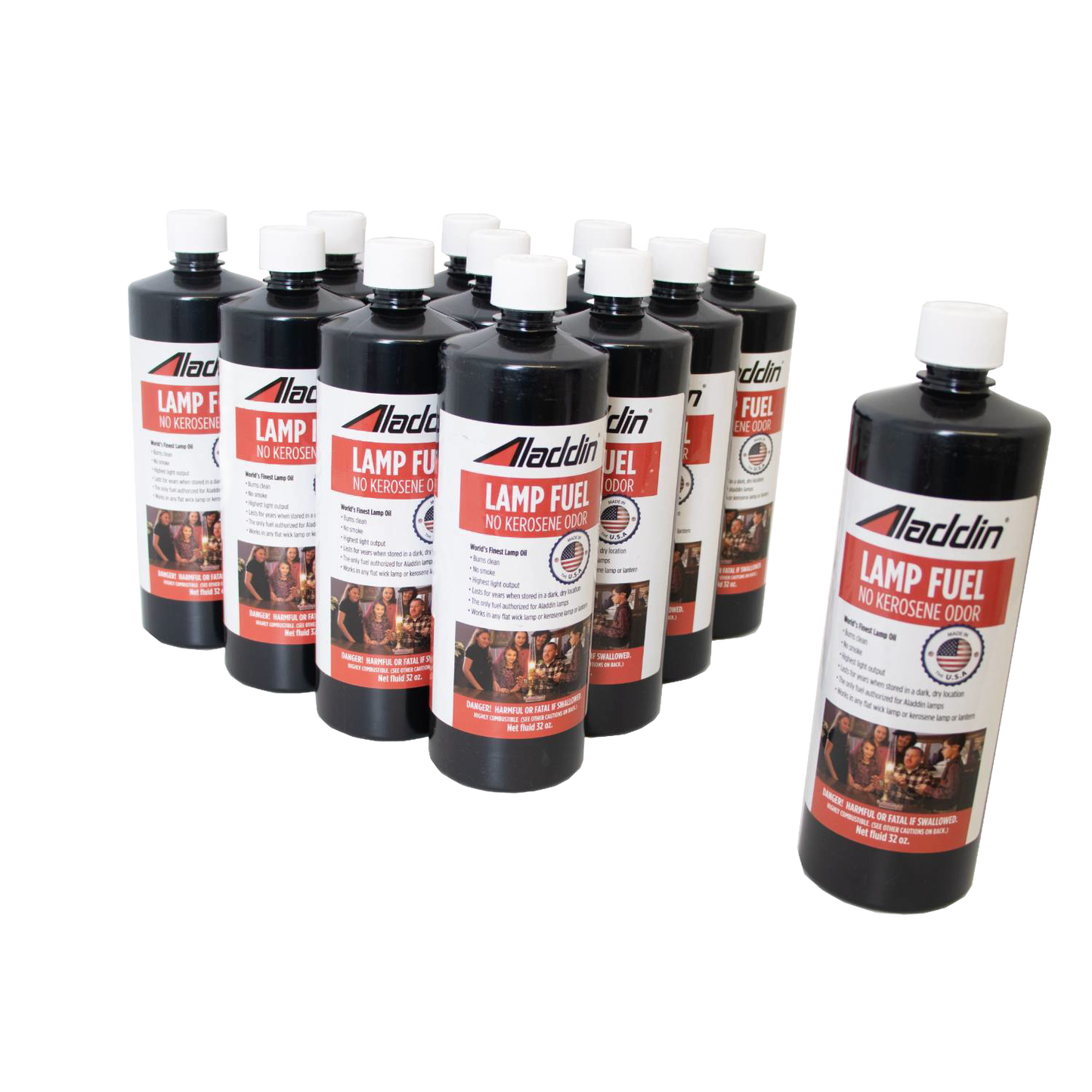 Group of black 32 oz bottles of Aladdin genuine lamp fuel featuring red and white labels emphasizing no kerosene odor, ideal for Lamps & Lighting, Lamp and Lantern Fuel, Best Sellers, and Promo Eligible collections.