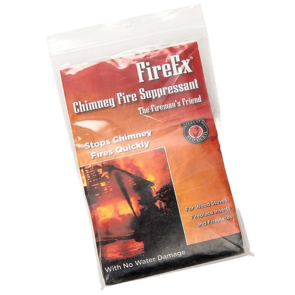 Clear resealable pouch of fireplace fire suppressant powder with red and orange label showing flames and firefighter silhouette, part of Stoves and Hearth Accessories collections.