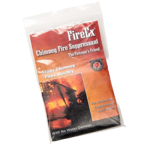 Clear resealable pouch of fireplace fire suppressant powder with red and orange label showing flames and firefighter silhouette, part of Stoves and Hearth Accessories collections.