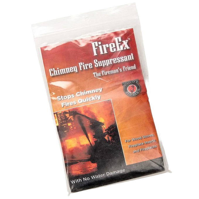 Clear resealable pouch of fireplace fire suppressant powder with red and orange label showing flames and firefighter silhouette, part of Stoves and Hearth Accessories collections.