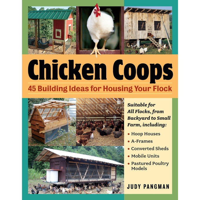 Cover of a practical guidebook showing multiple handcrafted chicken coop designs including hoop houses, A-frames, and mobile units; ideal for farm, garden & tool, chicken accessories, and home and garden how-to collections.