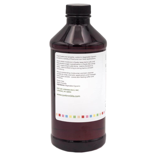 Amber plastic bottle of natural vegetable glycerin with black screw cap and white label, handcrafted and made in USA, suitable for health, wellness, soapmaking, and food uses.