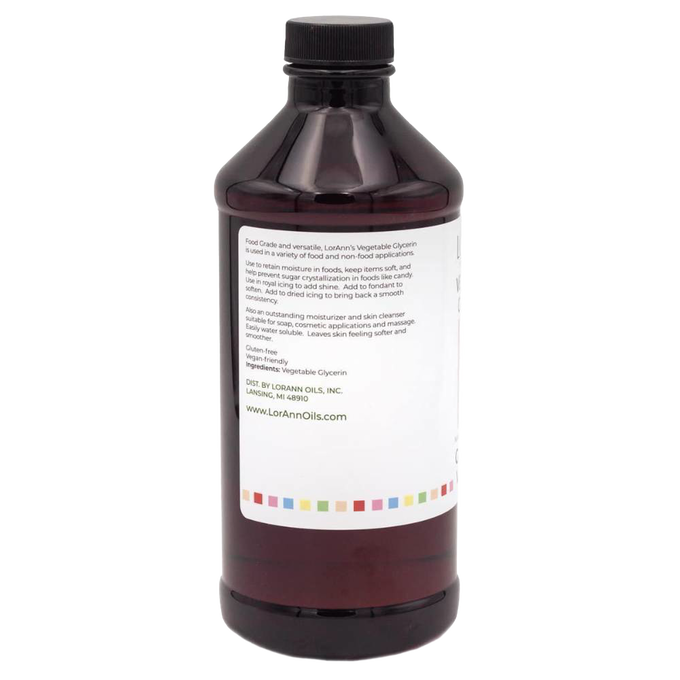 Amber plastic bottle of natural vegetable glycerin with black screw cap and white label, handcrafted and made in USA, suitable for health, wellness, soapmaking, and food uses.