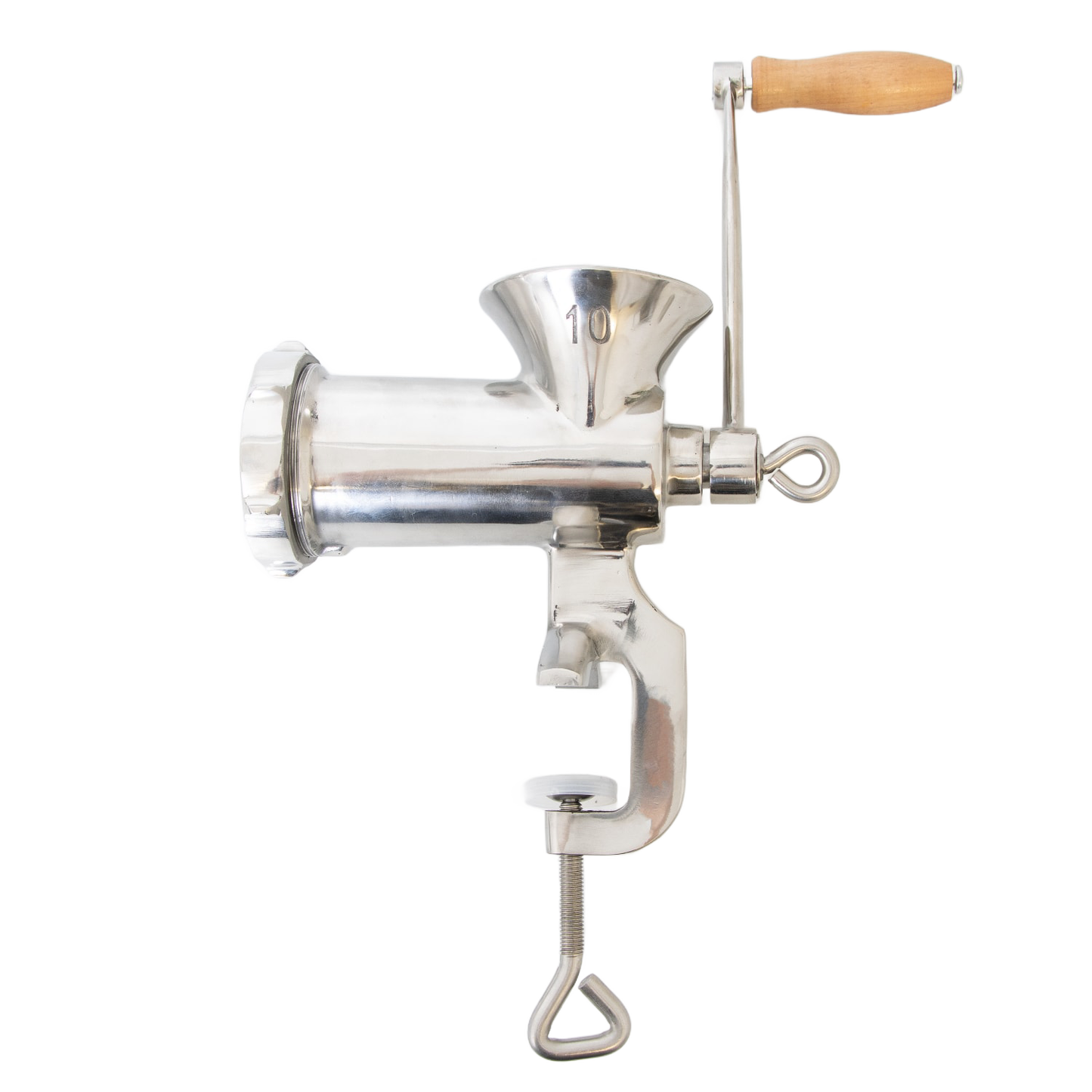 Stainless steel clamp-on meat grinder with wooden handle, featuring a built-in clamp for secure attachment to surfaces, ideal for Kitchen & Food and Specialty Equipment collections.