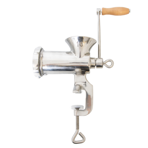 Stainless steel clamp-on meat grinder with wooden handle, featuring a built-in clamp for secure attachment to surfaces, ideal for Kitchen & Food and Specialty Equipment collections.