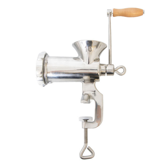 Stainless steel clamp-on meat grinder with wooden handle, featuring a built-in clamp for secure attachment to surfaces, ideal for Kitchen & Food and Specialty Equipment collections.