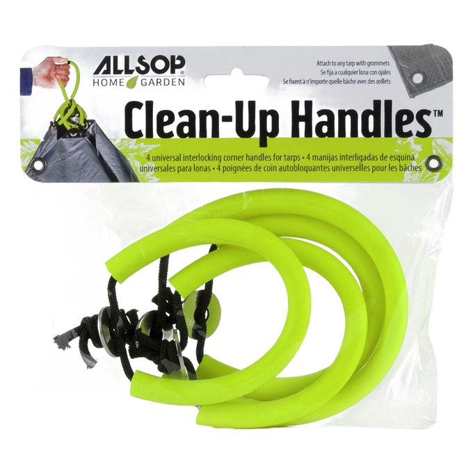 Set of four bright yellow interlocking rubber handles with black ties, designed to attach to tarp corners for convenient yard cleanup, suitable for Farm, Garden & Tool and Lawncare collections.
