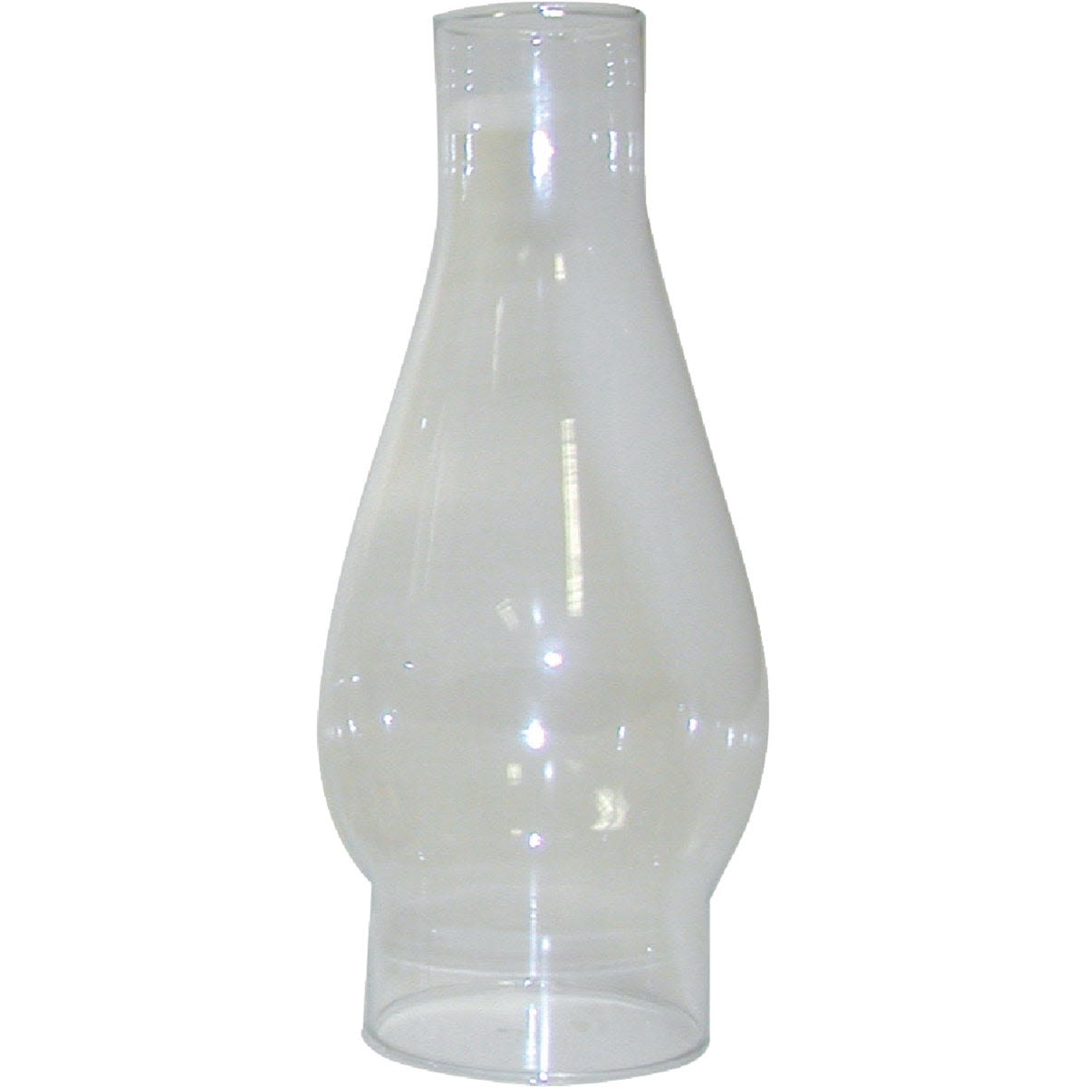 Clear high-quality glass oil lamp chimney with a 2-5/8 inch base and bulged midsection, designed for use in lamps and lighting, parts and accessories, and chimneys and globes collections.