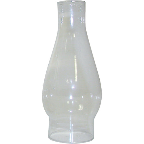 Clear high-quality glass oil lamp chimney with a 2-5/8 inch base and bulged midsection, designed for use in lamps and lighting, parts and accessories, and chimneys and globes collections.
