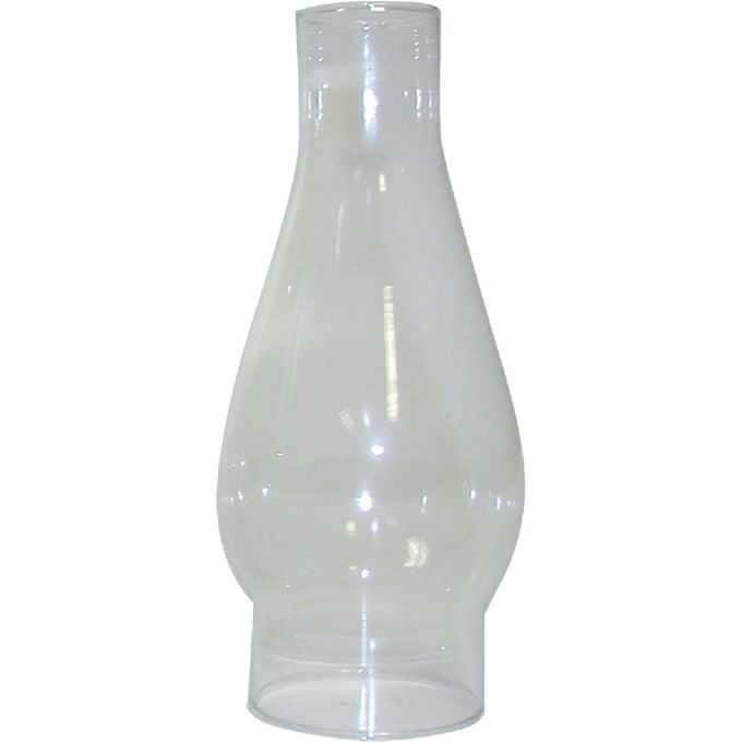 Clear high-quality glass oil lamp chimney with a 2-5/8 inch base and bulged midsection, designed for use in lamps and lighting, parts and accessories, and chimneys and globes collections.