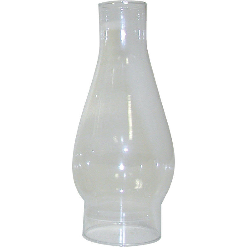 Clear high-quality glass oil lamp chimney with a 2-5/8 inch base and bulged midsection, designed for use in lamps and lighting, parts and accessories, and chimneys and globes collections.