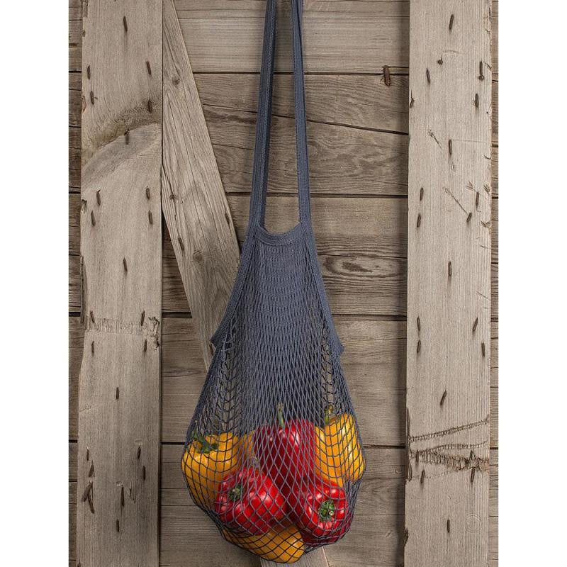 Reusable eco-friendly cotton string bag in dark gray, holding fresh bell peppers, perfect for Kitchen & Food, Storage and Serving, Best Sellers, and Promo Eligible collections.