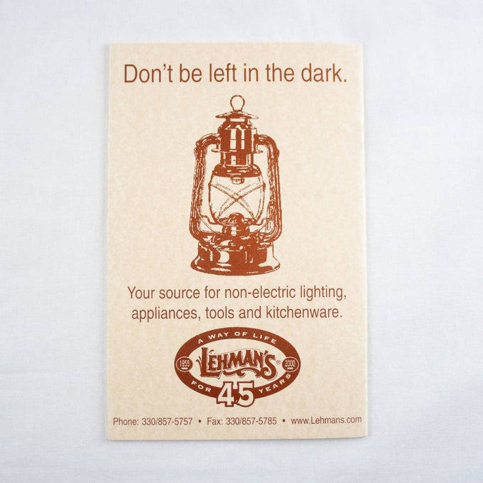 Vintage-style printed card featuring an antique lamp illustration and message promoting non-electric lighting, part of Lehman’s Lamps & Lighting and Best Sellers collections.