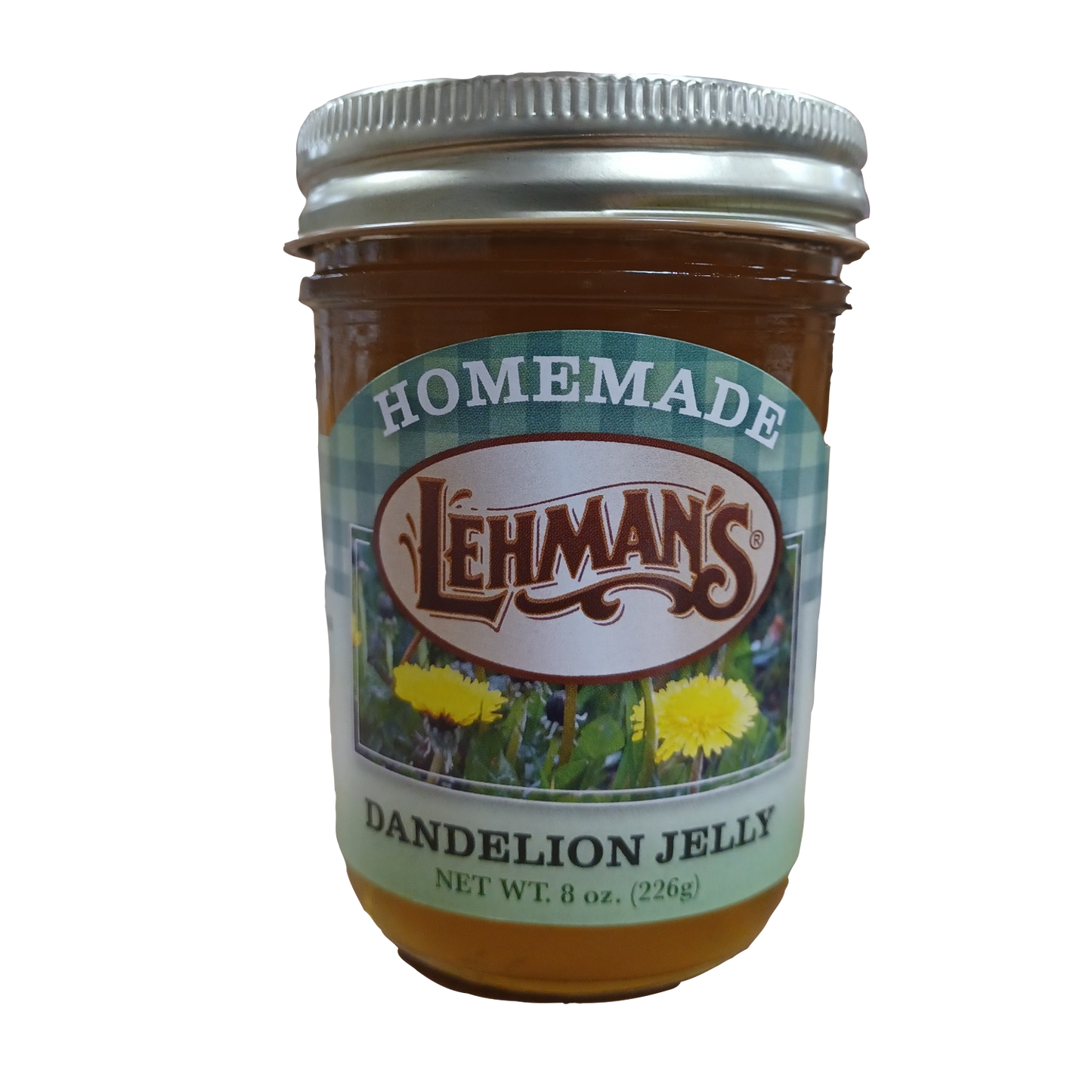 Glass jar of handcrafted Lehman's dandelion jelly made with all-natural ingredients, Amish made in USA, ideal for Kitchen & Food, Pantry, Peanut Butter & Jellies, USA Made, and Best Sellers collections.