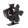 Black heat-powered stove fan with four curved blades and finned base for circulating warm air, designed for use with wood-burning stoves, ideal for hearth accessories and stoves collections.