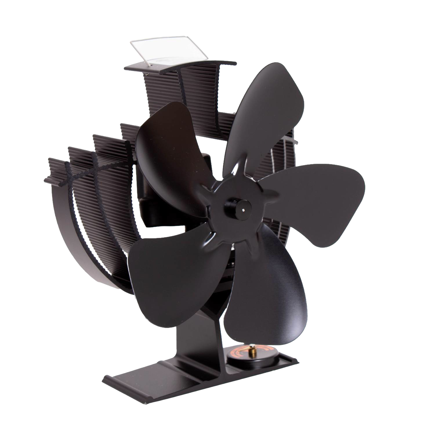 Black heat-powered stove fan with four curved blades and finned base for circulating warm air, designed for use with wood-burning stoves, ideal for hearth accessories and stoves collections.