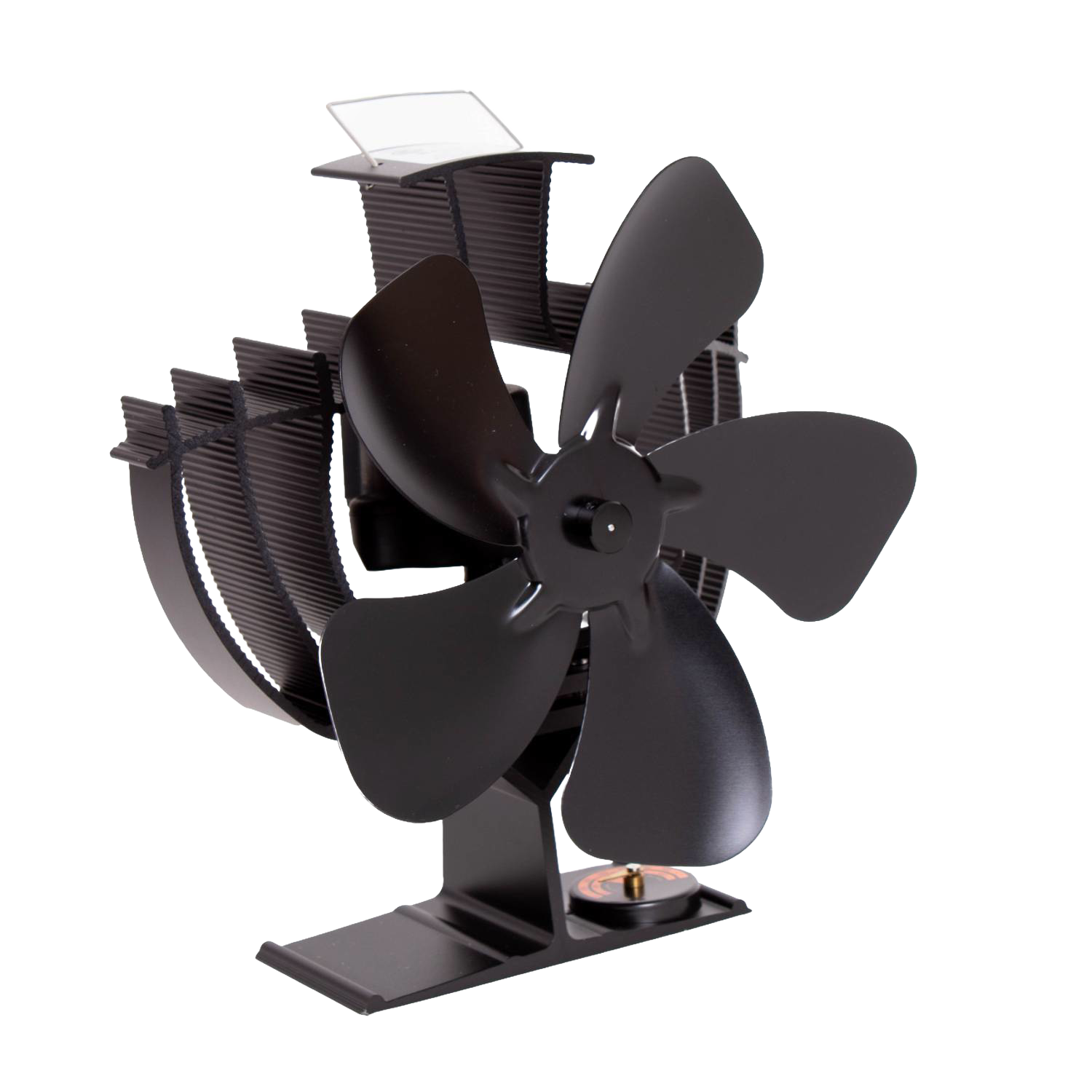 Black heat-powered stove fan with four curved blades and finned base for circulating warm air, designed for use with wood-burning stoves, ideal for hearth accessories and stoves collections.
