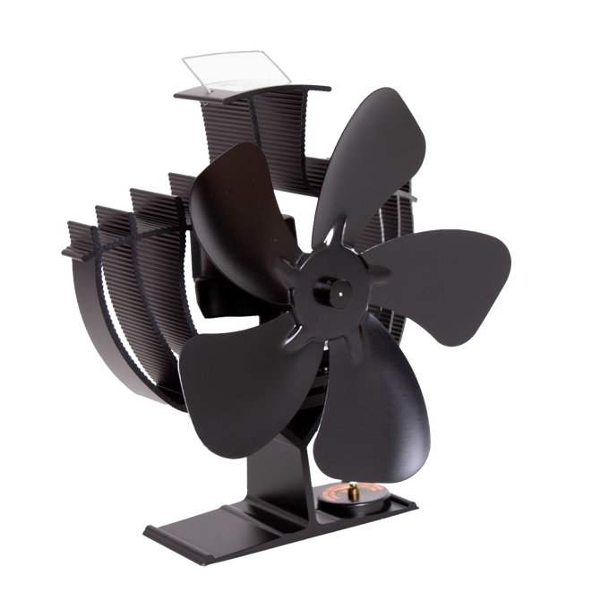Black heat-powered stove fan with four curved blades and finned base for circulating warm air, designed for use with wood-burning stoves, ideal for hearth accessories and stoves collections.