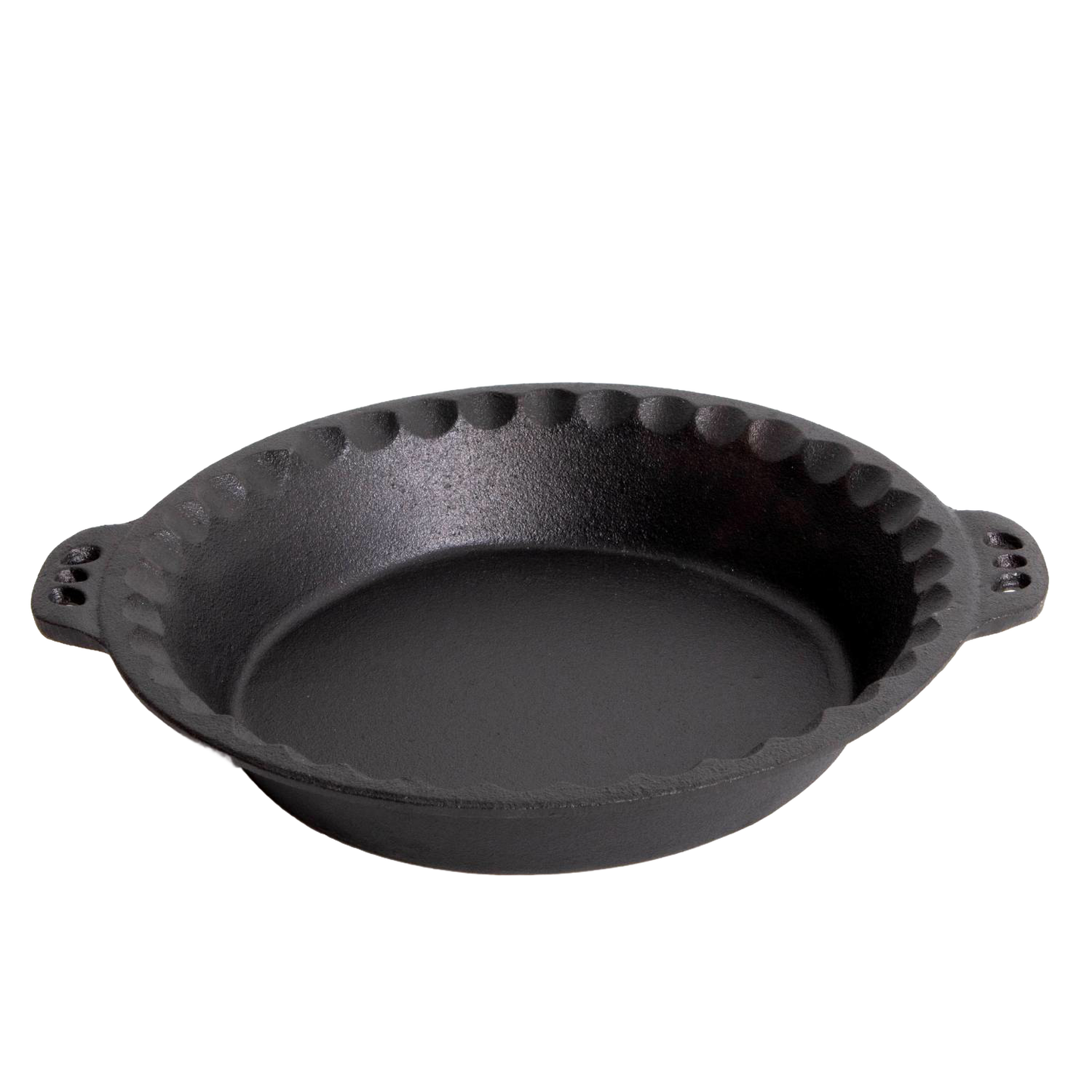 Handcrafted cast iron pie pan with crimped edges and dual handles, designed for even heat retention, ideal for Kitchen & Food, Cookware, Cast Iron, Baking Supplies, and Best Sellers collections.