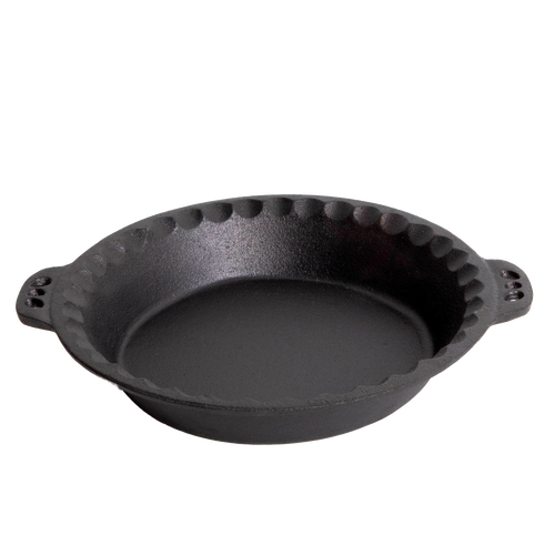 Handcrafted cast iron pie pan with crimped edges and dual handles, designed for even heat retention, ideal for Kitchen & Food, Cookware, Cast Iron, Baking Supplies, and Best Sellers collections.