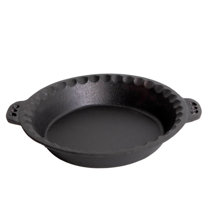 Handcrafted cast iron pie pan with crimped edges and dual handles, designed for even heat retention, ideal for Kitchen & Food, Cookware, Cast Iron, Baking Supplies, and Best Sellers collections.