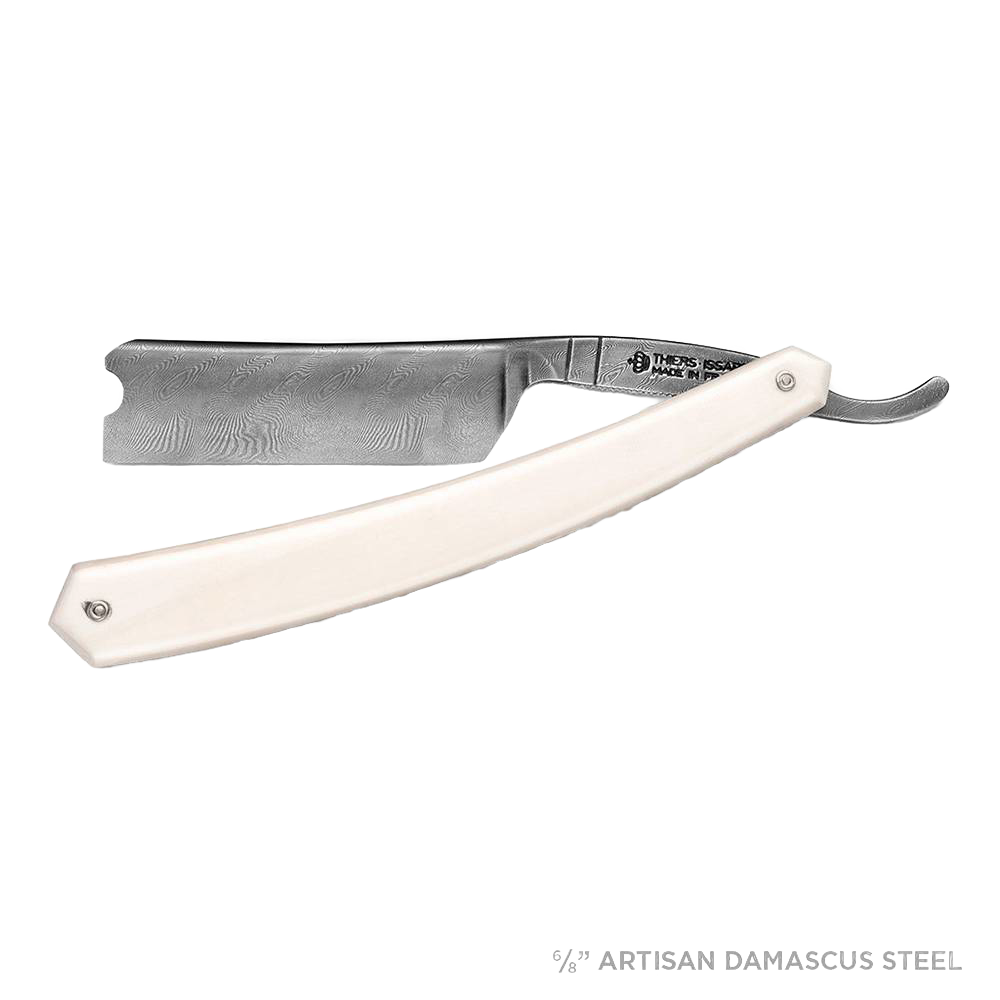 Open straight razor with an off-white handle and finely detailed blade designed for Grooming and Personal Hygiene, Health & Wellness, Best Sellers, and Promo Eligible collections.