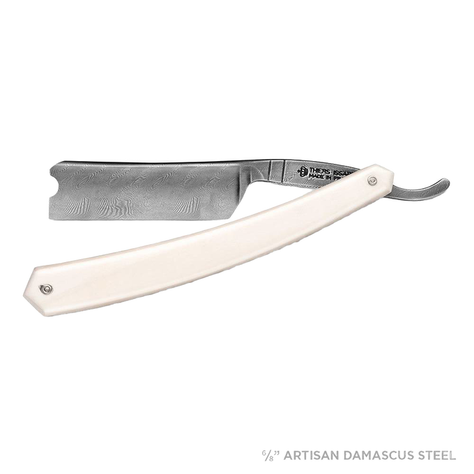 Open straight razor with an off-white handle and finely detailed blade designed for Grooming and Personal Hygiene, Health & Wellness, Best Sellers, and Promo Eligible collections.