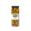 Tall glass jar of handcrafted hot pepper mix with visible chunks of pickled peppers and vegetables, made in USA, ideal for Kitchen & Food, Pantry, and Best Sellers collections at Lehman’s.