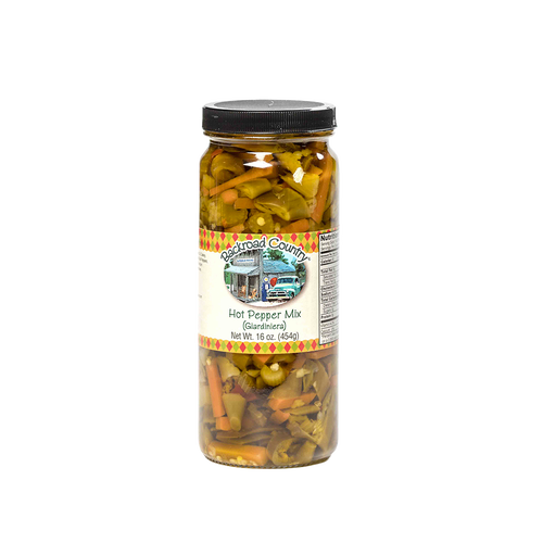 Tall glass jar of handcrafted hot pepper mix with visible chunks of pickled peppers and vegetables, made in USA, ideal for Kitchen & Food, Pantry, and Best Sellers collections at Lehman’s.