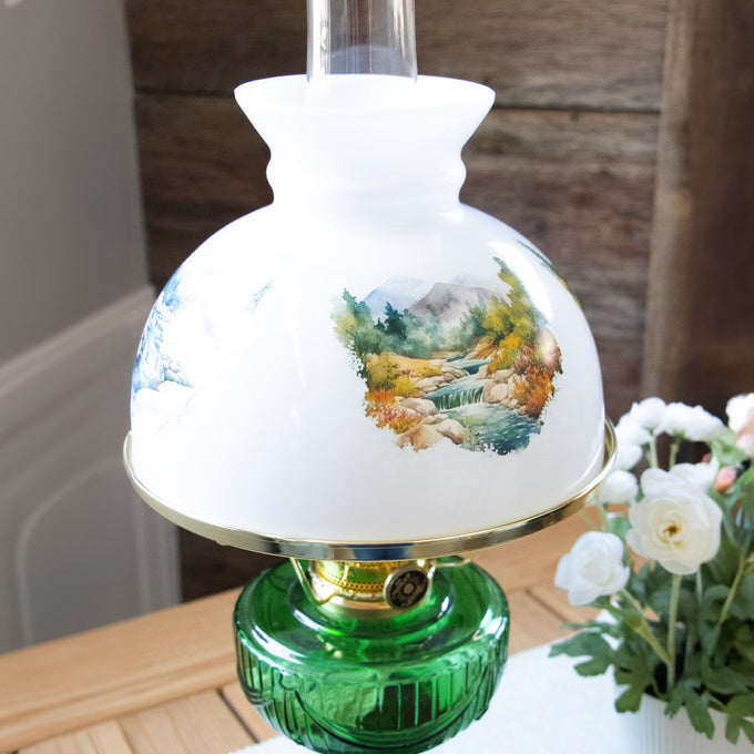 Handcrafted white glass lamp shade featuring colorful scenic illustrations of a mountain stream and autumn forest, designed to softly diffuse light, ideal for Lamps & Lighting, Parts and Accessories, and Best Sellers collections.