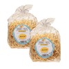 Two clear plastic bags containing medium gluten-free egg noodles, each with light golden pasta strips and a label featuring Double Yolk branding, made in the USA, part of Kitchen & Food and Gluten Free collections.