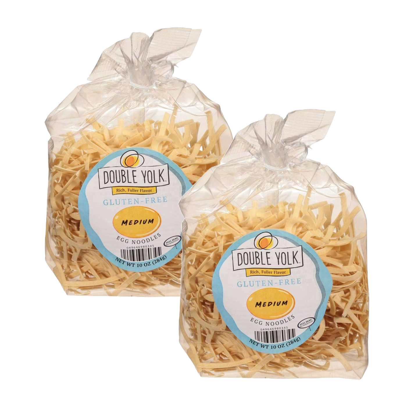 Two clear plastic bags containing medium gluten-free egg noodles, each with light golden pasta strips and a label featuring Double Yolk branding, made in the USA, part of Kitchen & Food and Gluten Free collections.