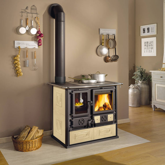 Reverse wood cook stove with cream-colored enameled steel facade and extractable ash drawer, showing visible fire through glass door, ideal for Stoves, Cookstoves, Best Sellers, and All Stoves & Appliances collections.