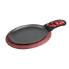 Oval cast iron griddle with red stained wooden underliner and chili pepper patterned handle cover, ideal for cooking fajitas found in Kitchen & Food, Cookware, and Camping collections.