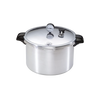 Heavy gauge aluminum pressure canner with secure locking lid, pressure gauge, and heat-resistant handles, designed for efficient food preservation in kitchen and canning collections.