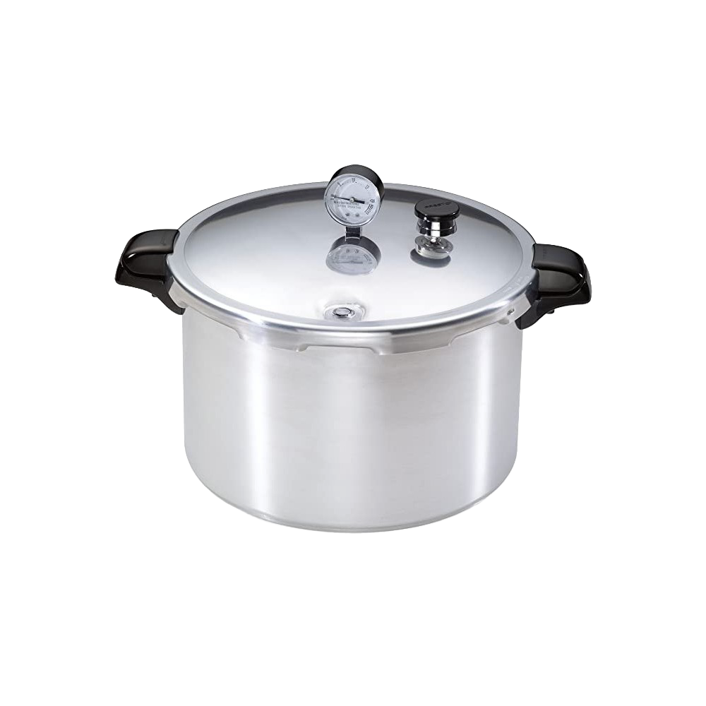 Heavy gauge aluminum pressure canner with secure locking lid, pressure gauge, and heat-resistant handles, designed for efficient food preservation in kitchen and canning collections.