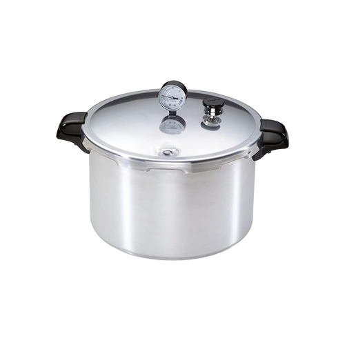 Heavy gauge aluminum pressure canner with secure locking lid, pressure gauge, and heat-resistant handles, designed for efficient food preservation in kitchen and canning collections.