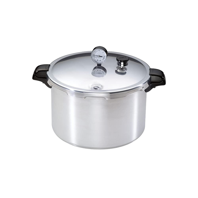 Heavy gauge aluminum pressure canner with secure locking lid, pressure gauge, and heat-resistant handles, designed for efficient food preservation in kitchen and canning collections.