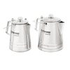 Two polished stainless steel percolators with clear glass lids and angular handles, designed for brewing coffee and tea, featured in Kitchen & Food, Camping, and Brewing Coffee and Tea collections.