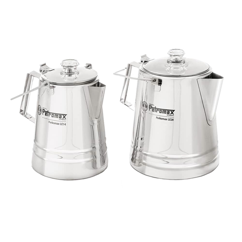 Two polished stainless steel percolators with clear glass lids and angular handles, designed for brewing coffee and tea, featured in Kitchen & Food, Camping, and Brewing Coffee and Tea collections.