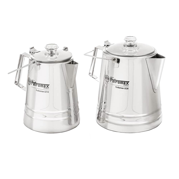 Two polished stainless steel percolators with clear glass lids and angular handles, designed for brewing coffee and tea, featured in Kitchen & Food, Camping, and Brewing Coffee and Tea collections.
