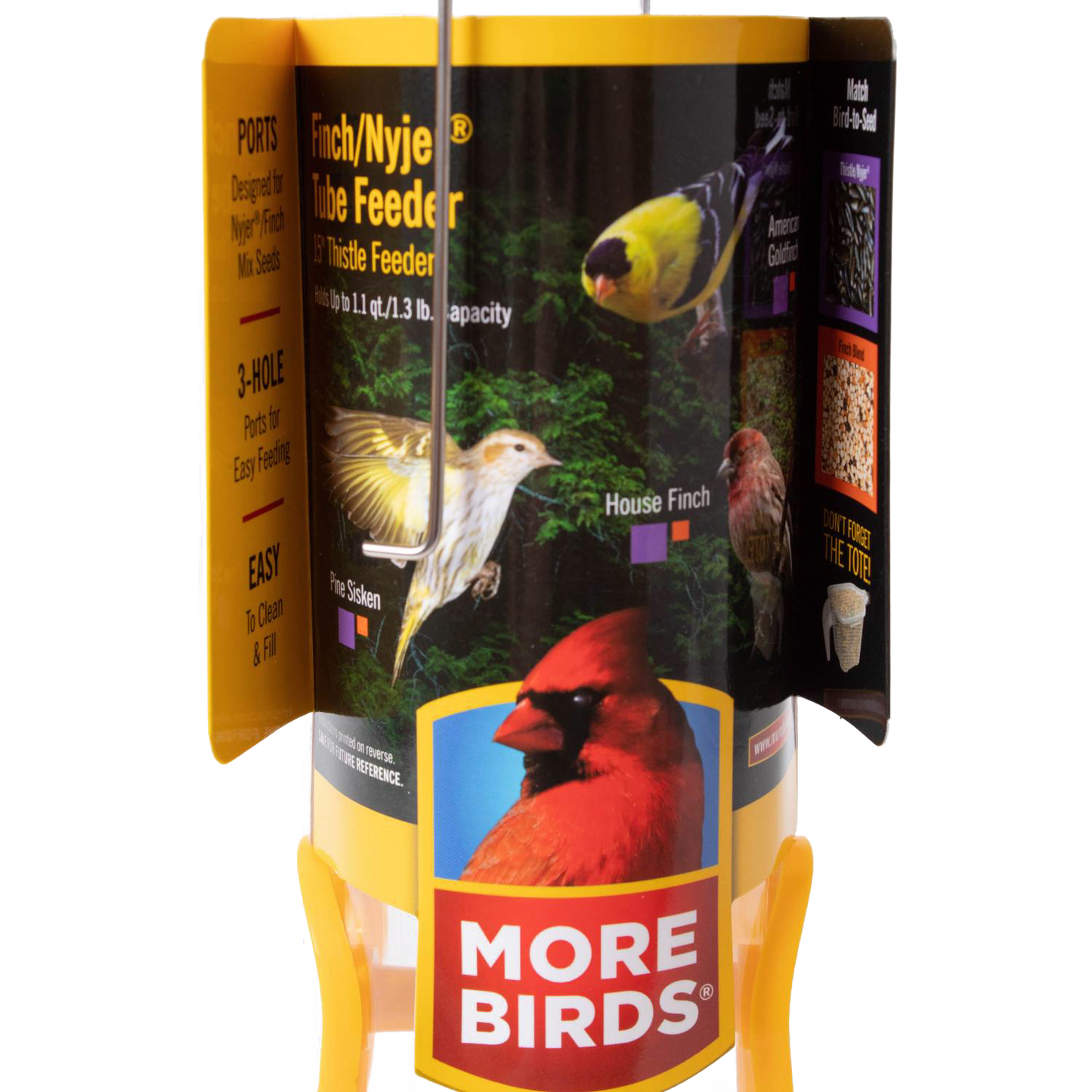 Handcrafted finch feeder with bright yellow feeding ports and base, designed to keep nyjer seeds dry, featured in Farm, Garden & Tool, Animal Care, Garden Accessories, and Best Sellers collections.