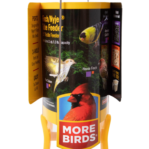 Handcrafted finch feeder with bright yellow feeding ports and base, designed to keep nyjer seeds dry, featured in Farm, Garden & Tool, Animal Care, Garden Accessories, and Best Sellers collections.