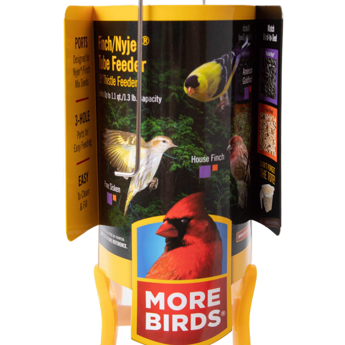 Handcrafted finch feeder with bright yellow feeding ports and base, designed to keep nyjer seeds dry, featured in Farm, Garden & Tool, Animal Care, Garden Accessories, and Best Sellers collections.