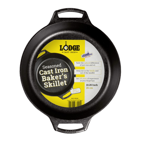 Seasoned cast iron 10.25-inch baker's skillet with dual handles designed for easy lifting and even heating, featured in Kitchen & Food, Cookware, Cast Iron, USA Made, Best Sellers, and Promo Eligible collections.