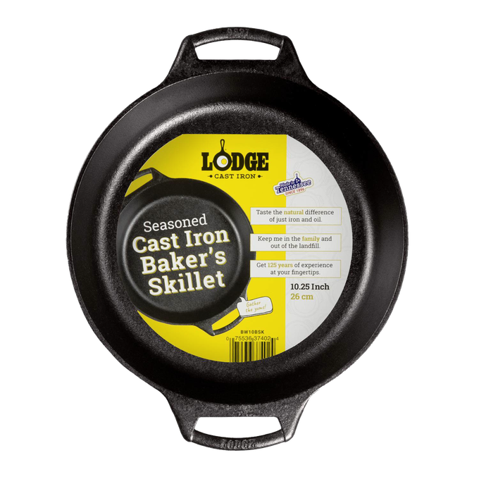 Seasoned cast iron 10.25-inch baker's skillet with dual handles designed for easy lifting and even heating, featured in Kitchen & Food, Cookware, Cast Iron, USA Made, Best Sellers, and Promo Eligible collections.