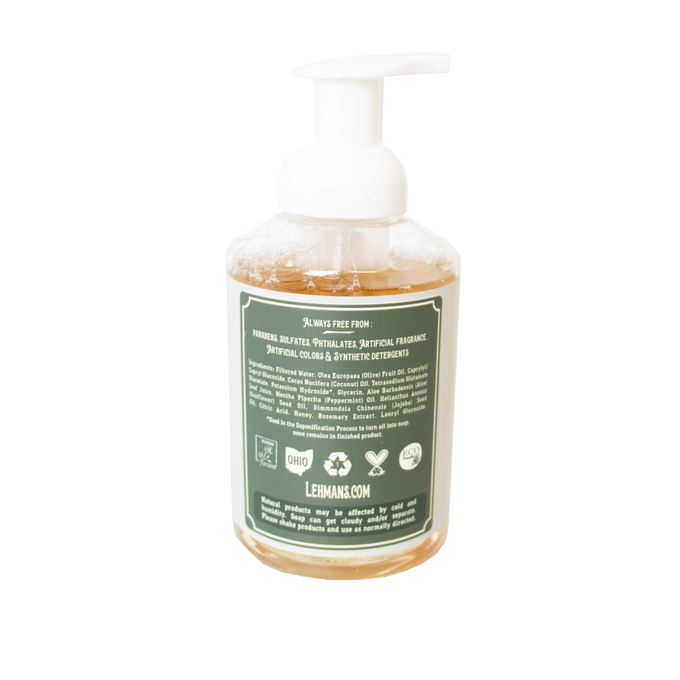 Clear pump bottle of Lehman's Castile moisturizing foaming hand soap featuring a natural formula with pure honey and plant-based oils, handcrafted and made in USA, perfect for Health & Wellness and Grooming collections.