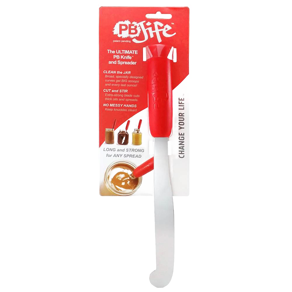 Red-handled peanut butter knife with extended ergonomic blade designed to clean jars and spread thick spreads, featured for Kitchen & Food, Kitchen Gadgets, and Best Sellers collections.