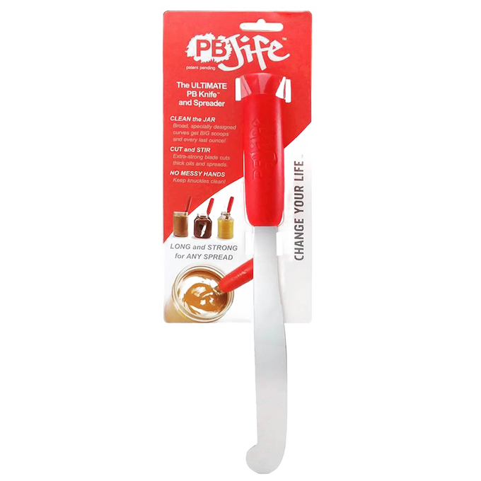 Red-handled peanut butter knife with extended ergonomic blade designed to clean jars and spread thick spreads, featured for Kitchen & Food, Kitchen Gadgets, and Best Sellers collections.